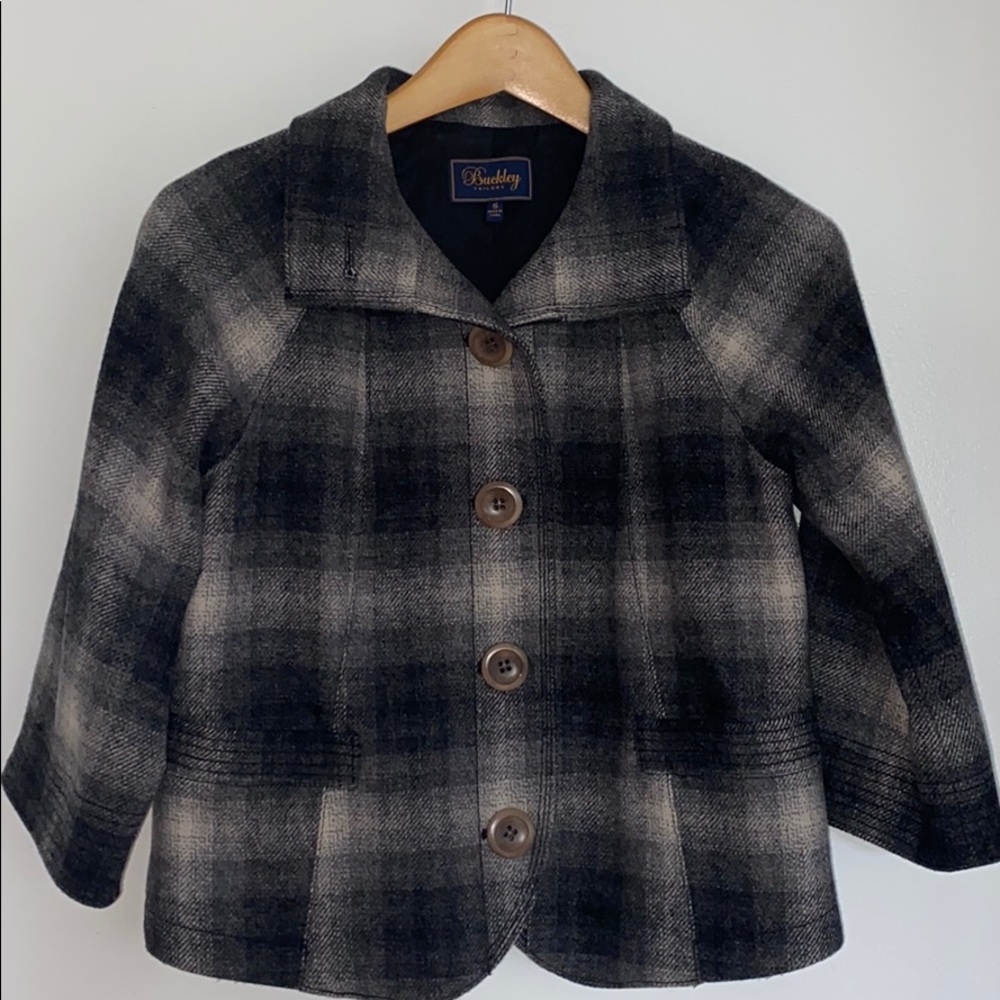 BUCKLEY TAILORS 3/4 SLEEVE CROP PLAID WOOL JACKET